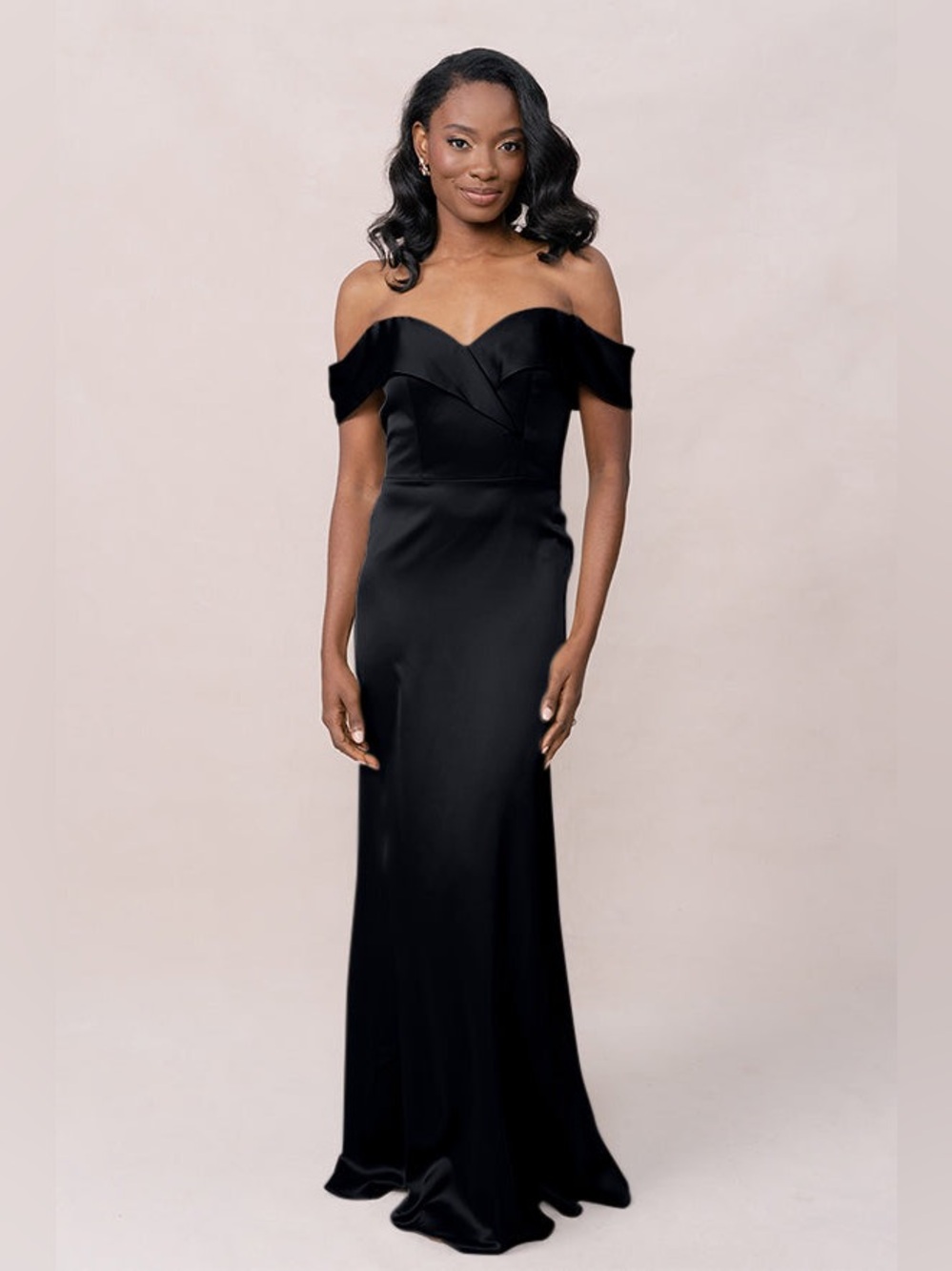 Revelry Black Off The Shoulder Satin Gown
